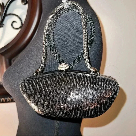 Ellian Black Sequin Evening Bag Purse Spring Handle Rhinestone Accent Closure - Picture 1 of 15